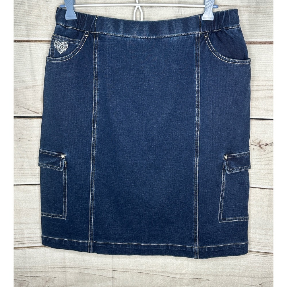 Quacker Factory DreamJeannes Skort Women Med Blue Denim Cargo Rhinestone Heart